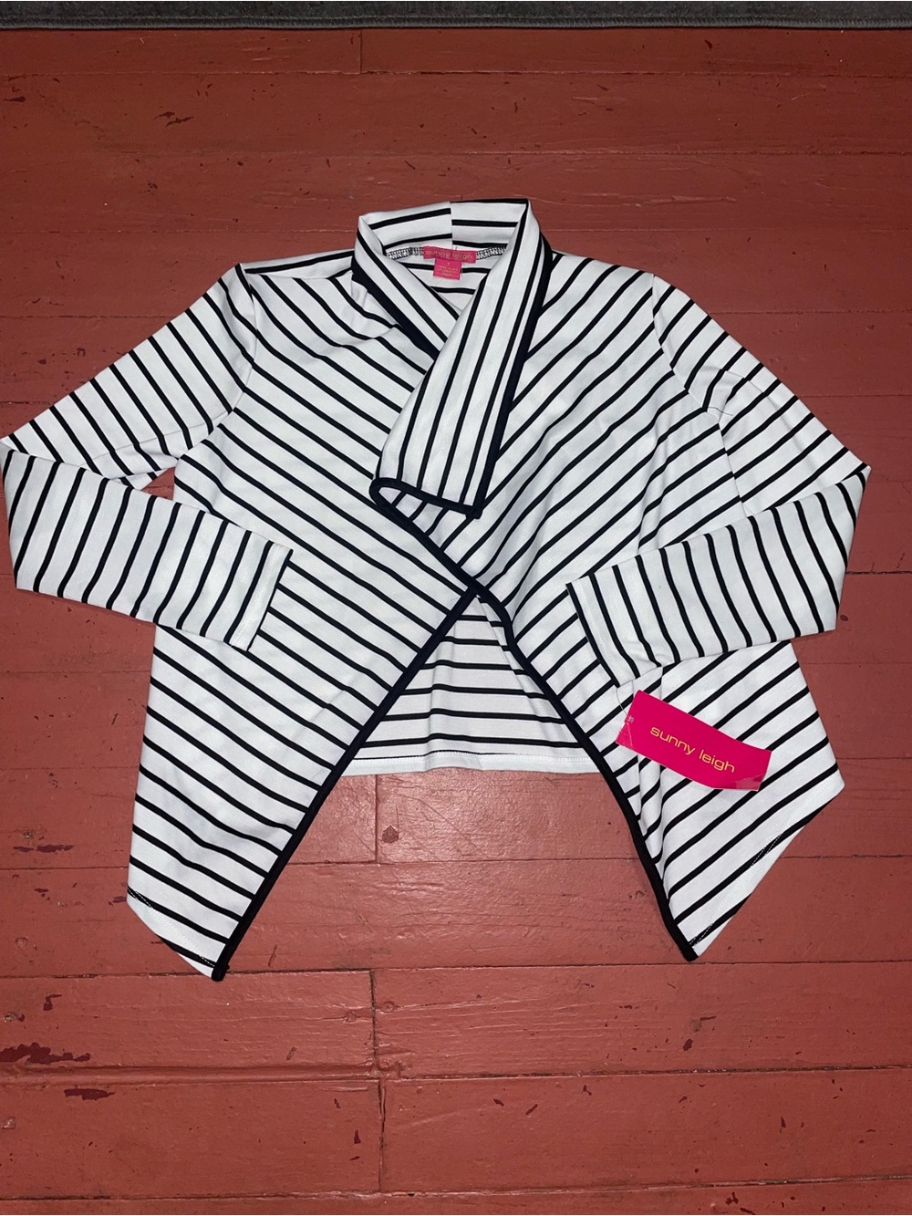 Sunny Leigh White and Black Striped Draped Open Front Jacket